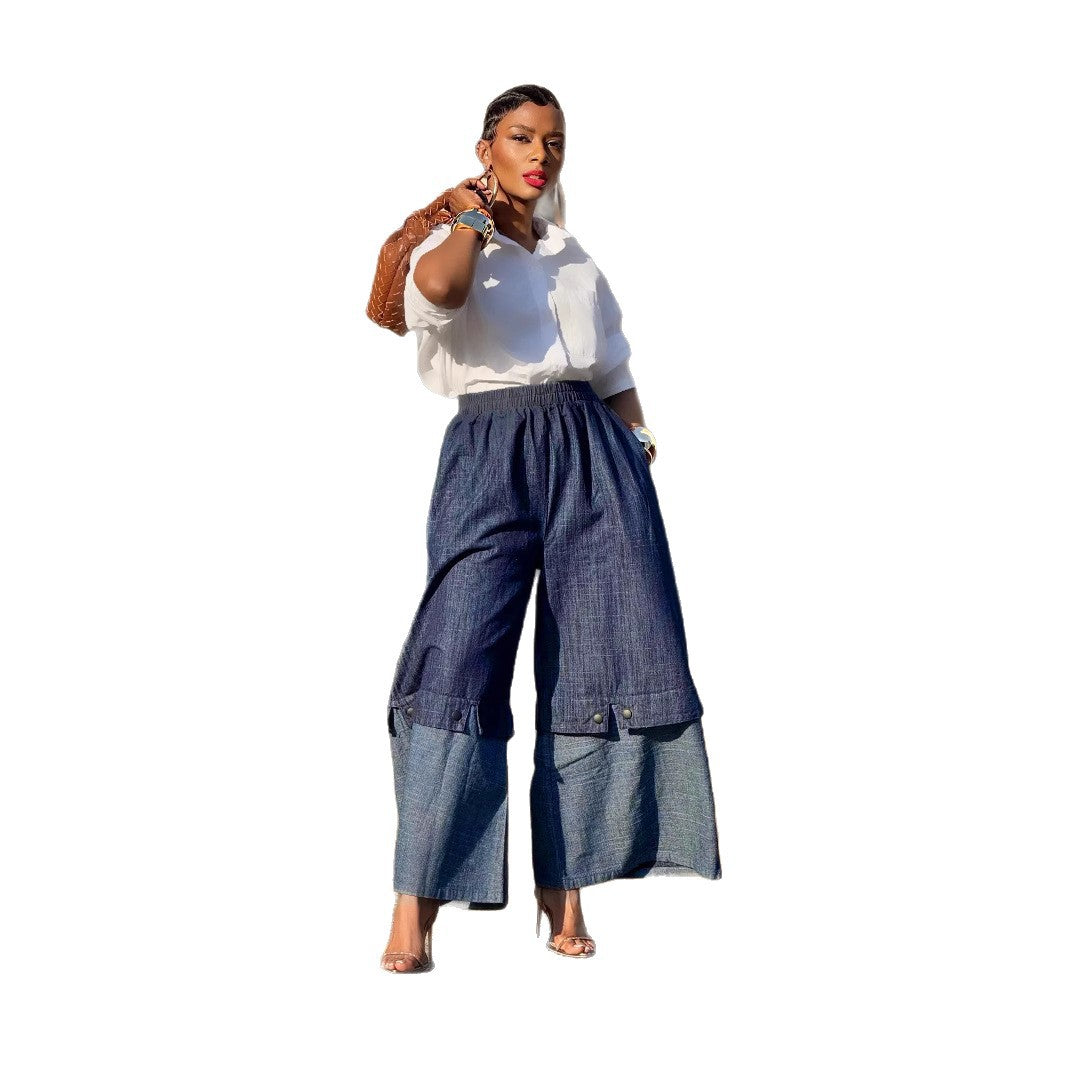 Patchwork color-blocking wide-leg denim jeans by Plush Fashion Hub, showing vibrant patchwork details and relaxed fit.