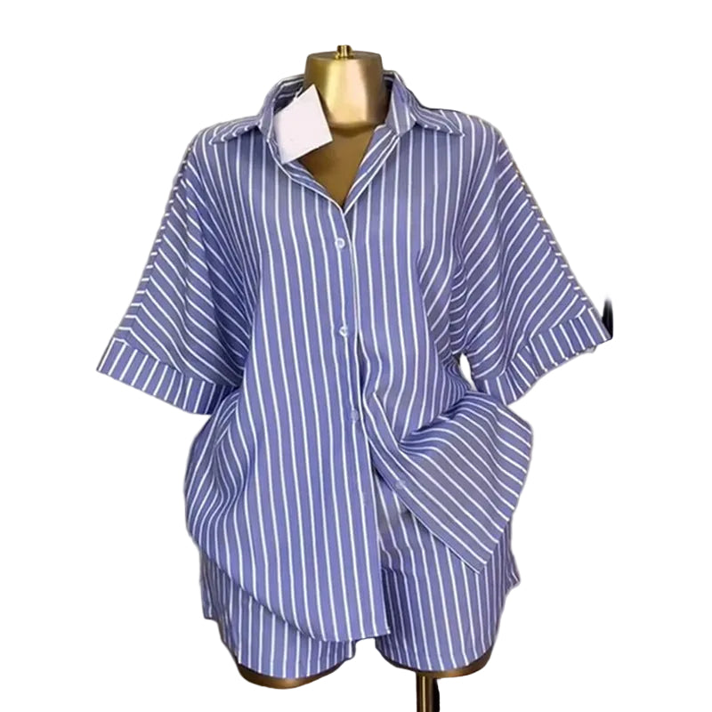 Plush Fashion Hub Coastal Chic striped button-down shirt and wide-leg short set, casual summer tops, with blue and white vertical stripes.