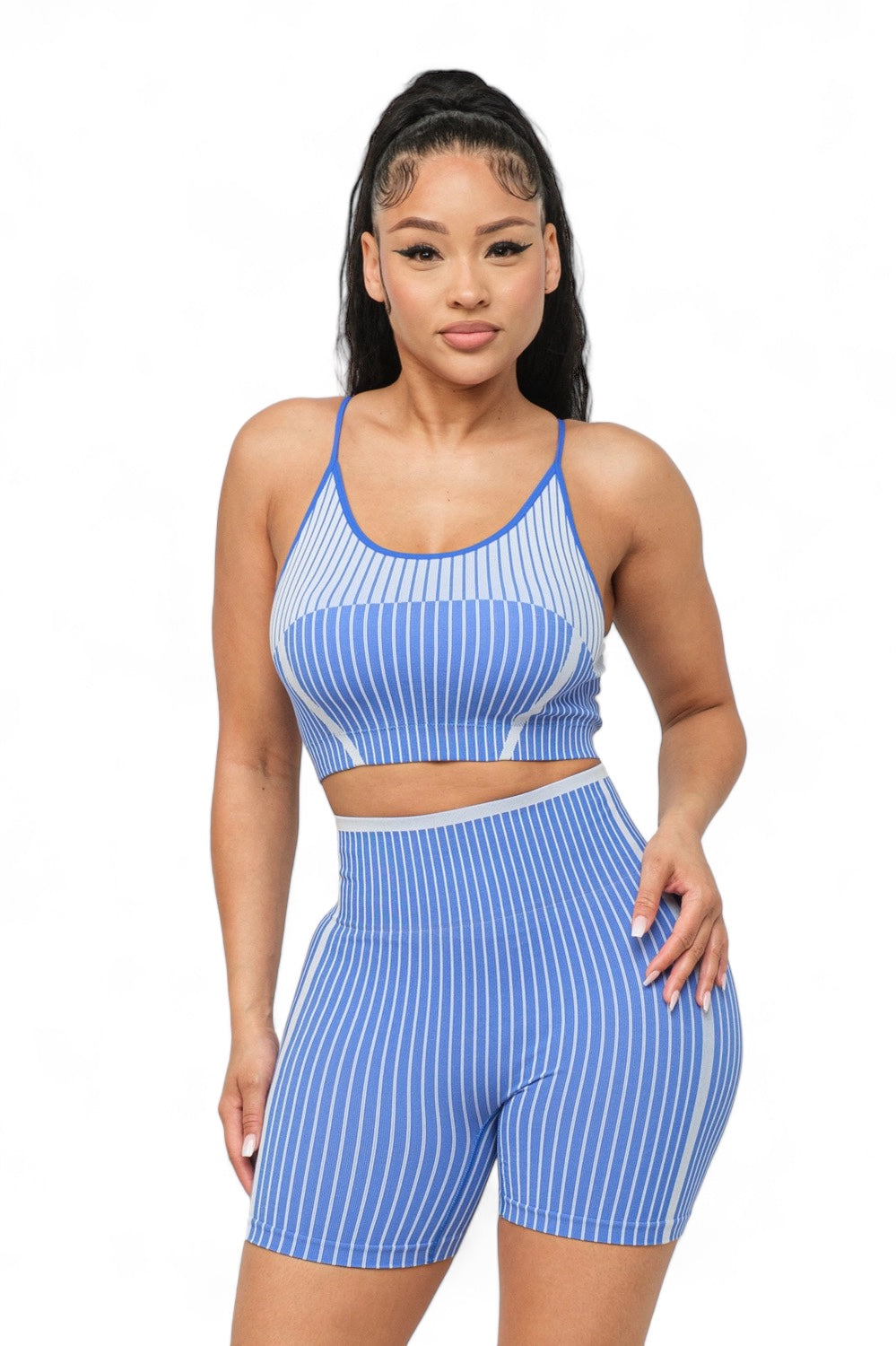 Seamless striped top and biker shorts activewear set from Plush Fashion Hub, featuring a fitted, stylish athletic outfit.