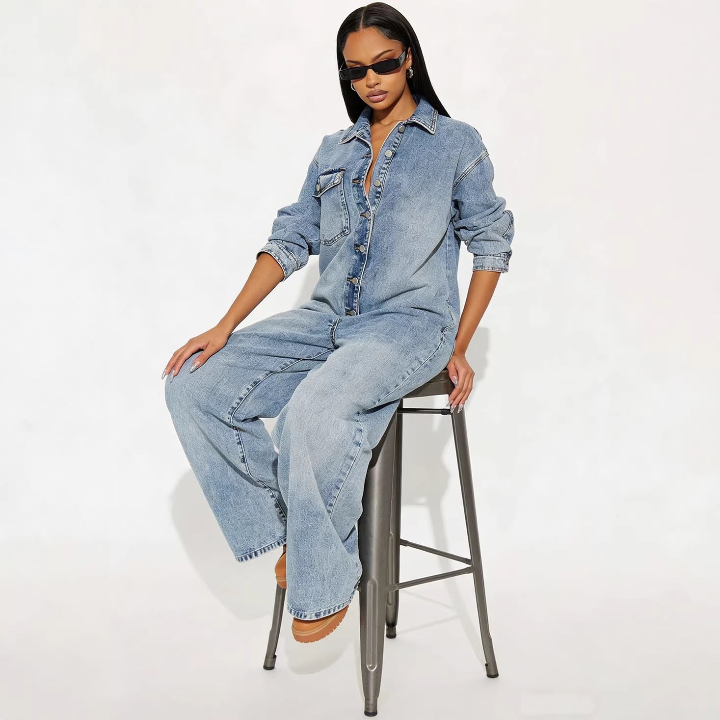 Women's Long Sleeve Button-Front Denim Jumpsuit