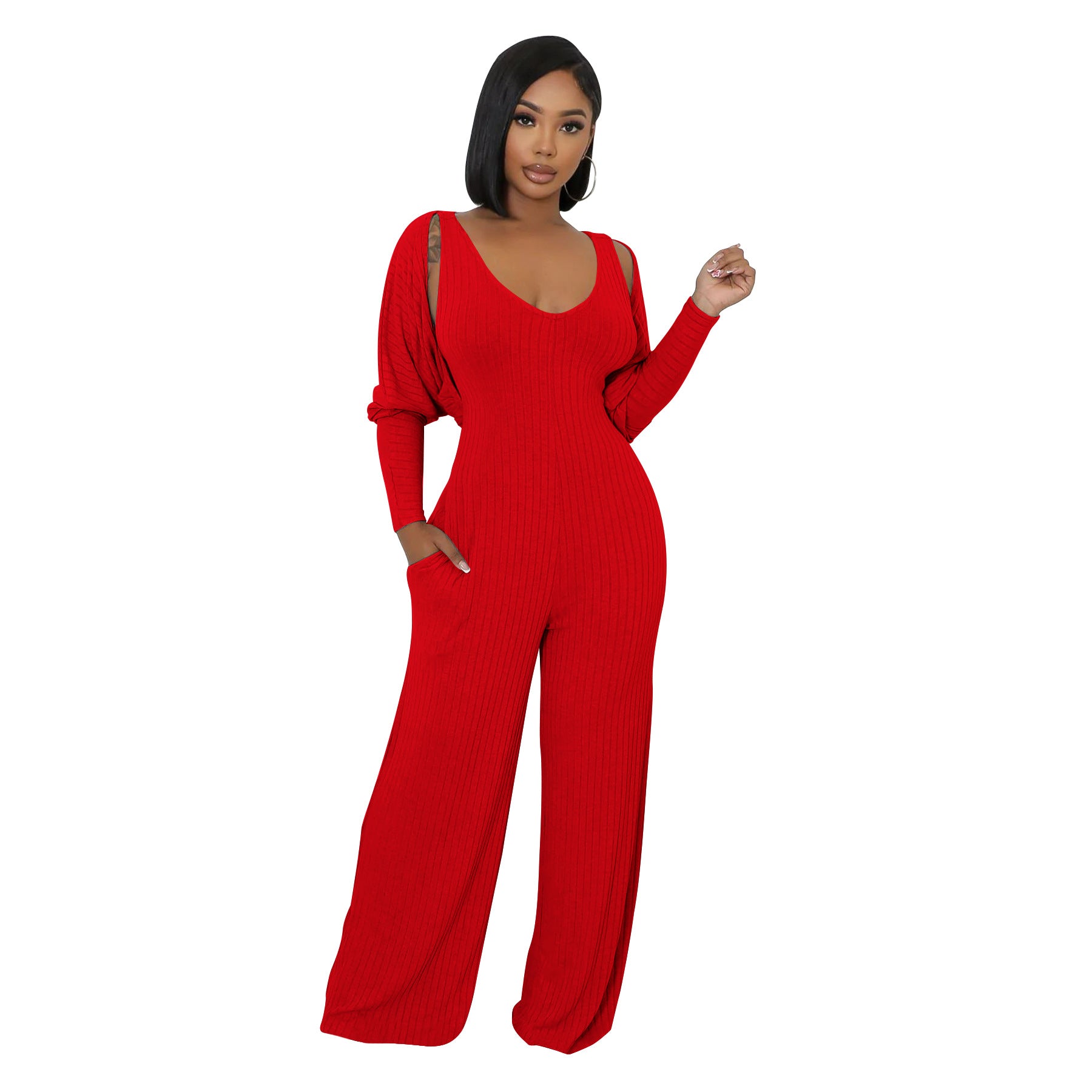 Modern eprolo cape-sleeve tailored jumpsuit with sleek design, featuring a fitted top and elegant cape sleeves.