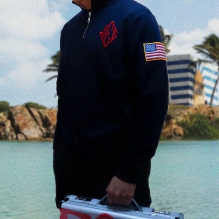Vintage Retro Embroidered Hooded Polo Sweatshirt