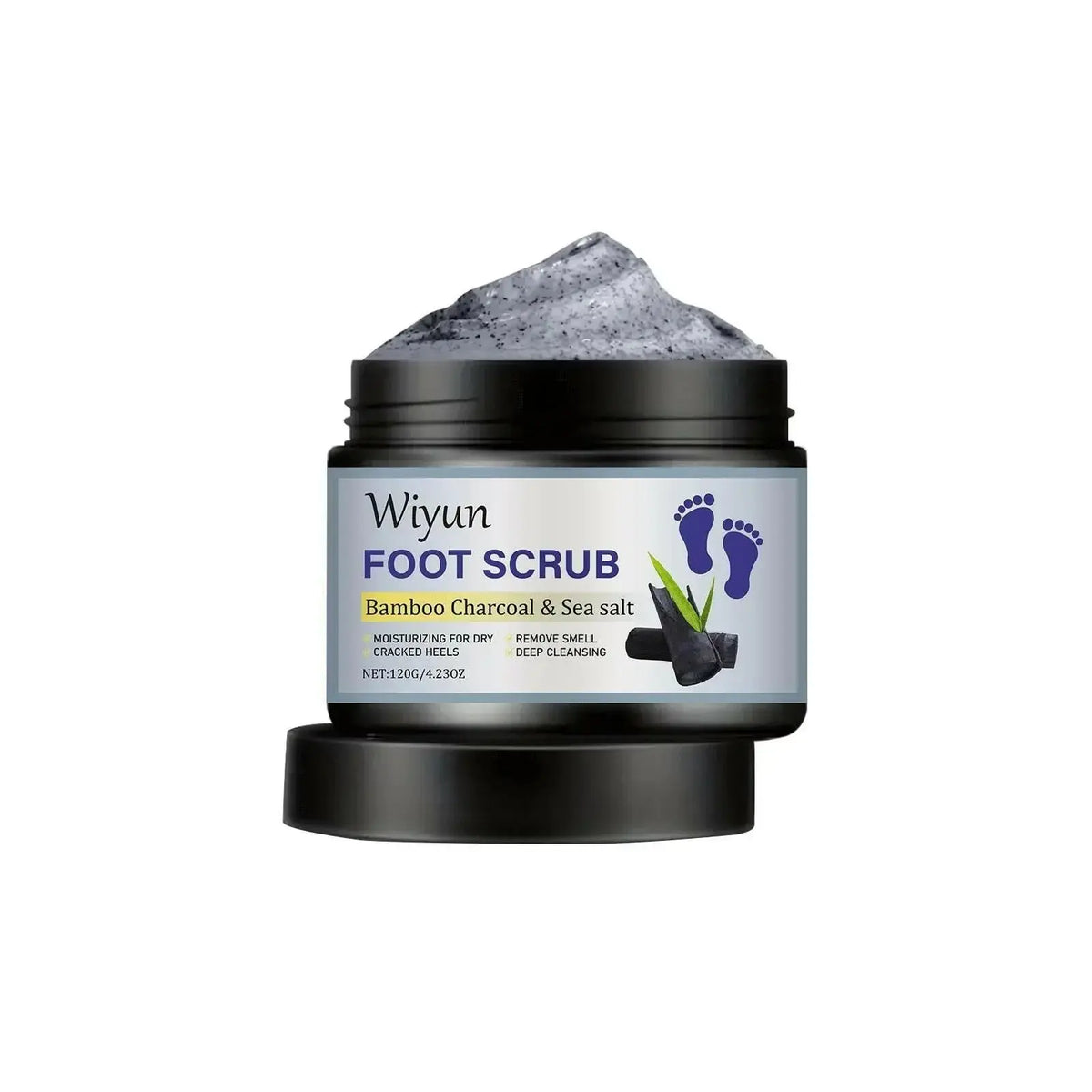 Bamboo charcoal and sea salt exfoliating foot scrub by Plush Fashion Hub for smooth, refreshed skin.