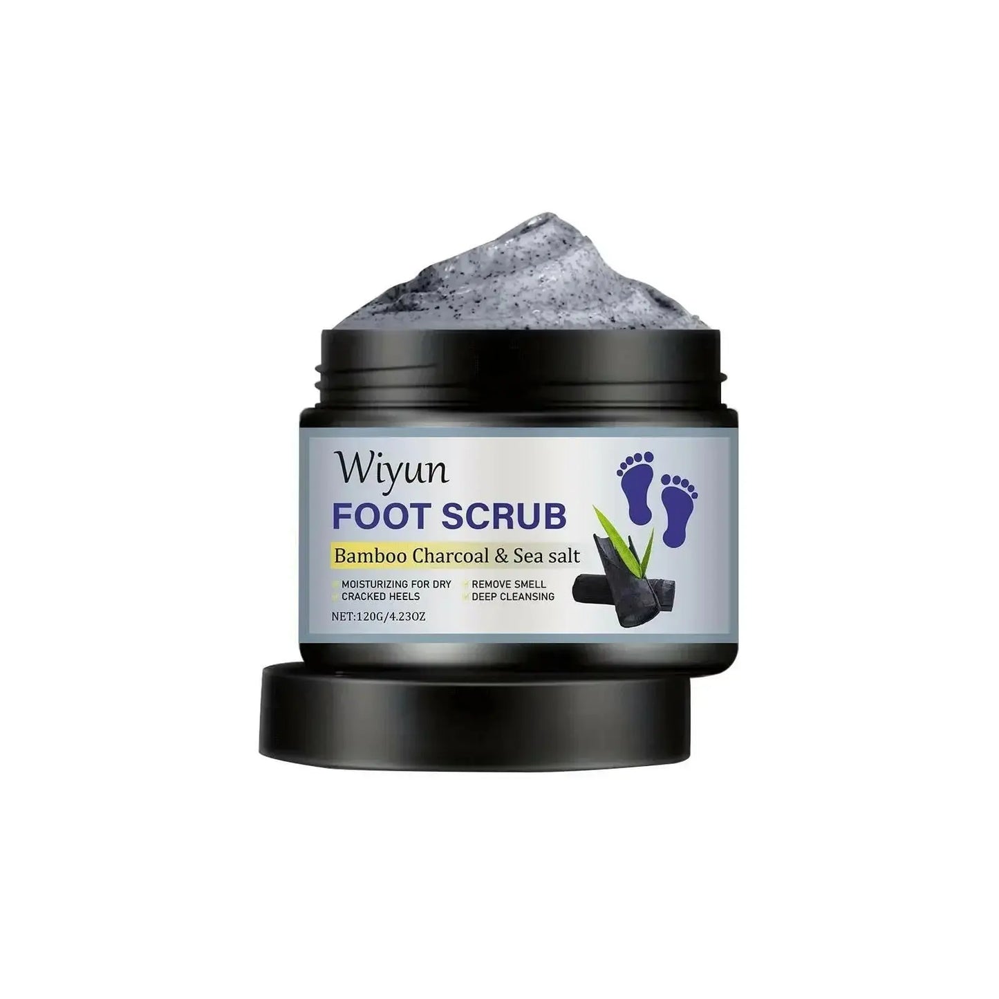 Bamboo charcoal and sea salt exfoliating foot scrub by Plush Fashion Hub, showing the natural textured scrub in a jar for smooth skin.