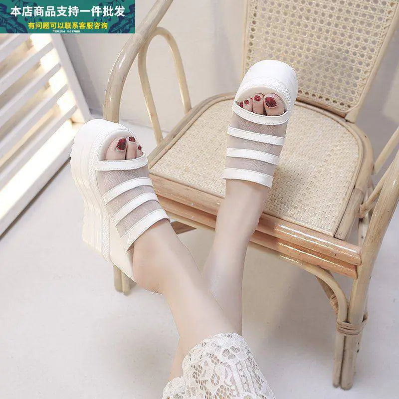 Women wedge heel platform sandals and rhinestone slippers with open toes and ankle straps, stylish footwear by Trendy Attic Store01.