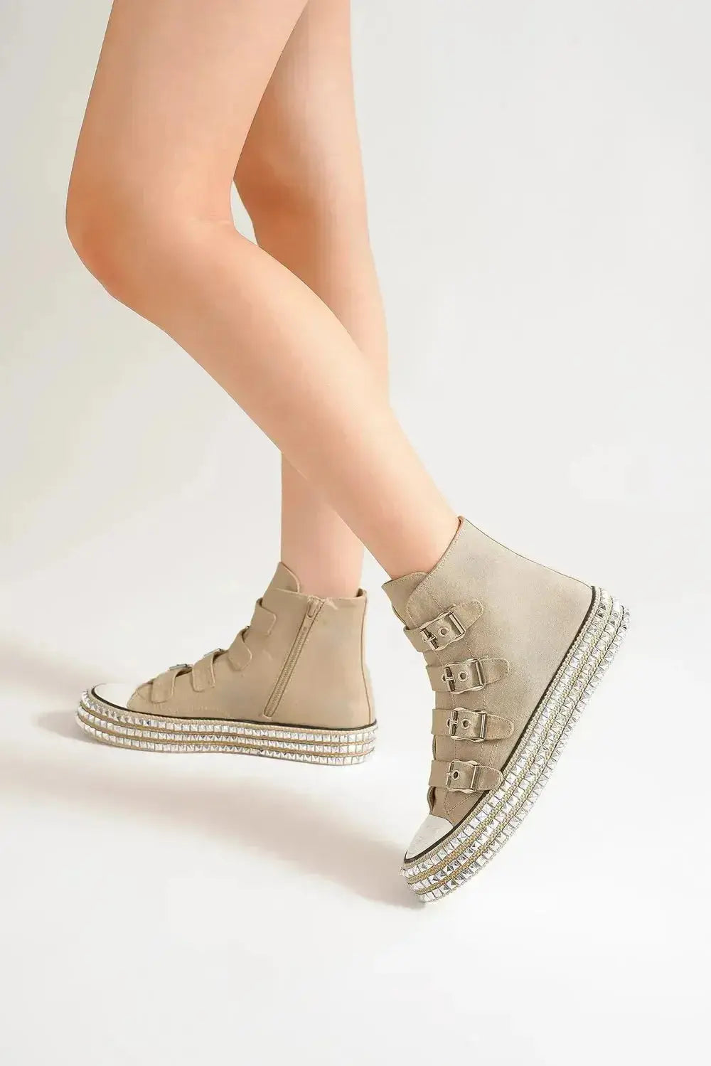 Beast fashion multi-buckle studded platform sneakers with strap details and chunky sole, by Plush Fashion Hub.