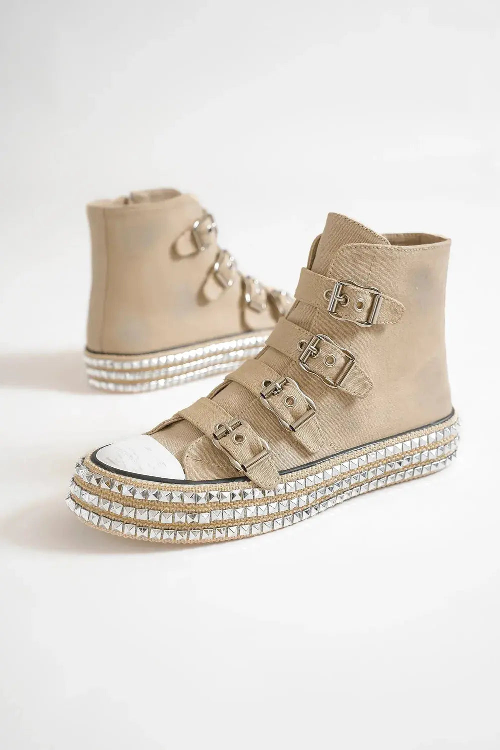 Beast Fashion Multi-Buckle Straps Studded Platform Sneakers - Plush Fashion Hub