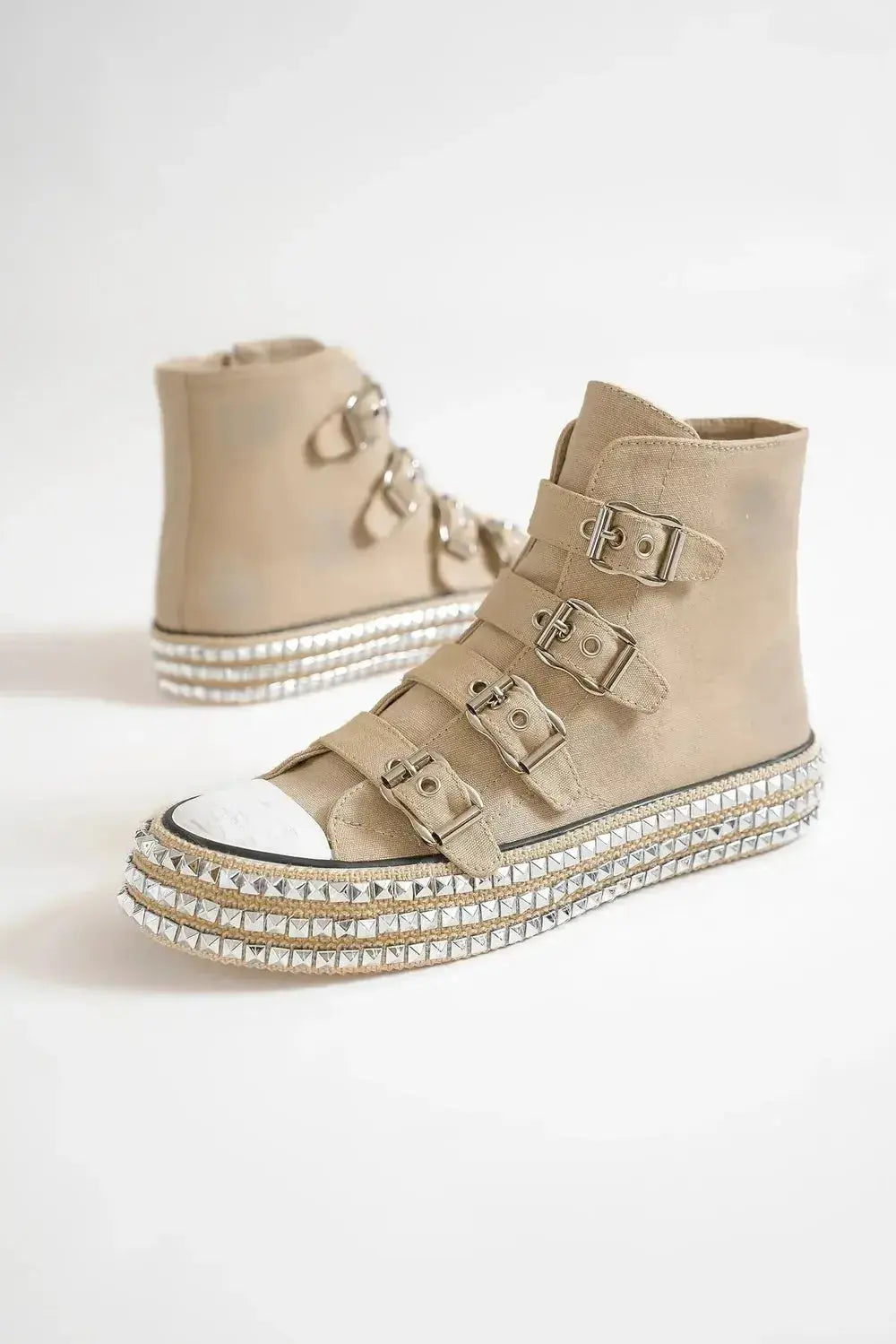 Plush Fashion Hub multi-buckle studded platform sneakers with bold straps and chunky soles, stylish and edgy footwear.