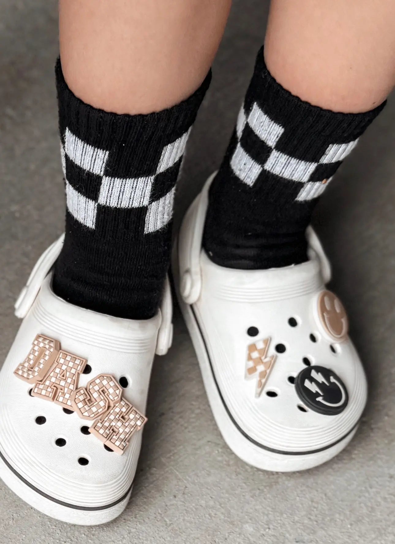 Beige Checker Letter Charm Kickin it up Socks