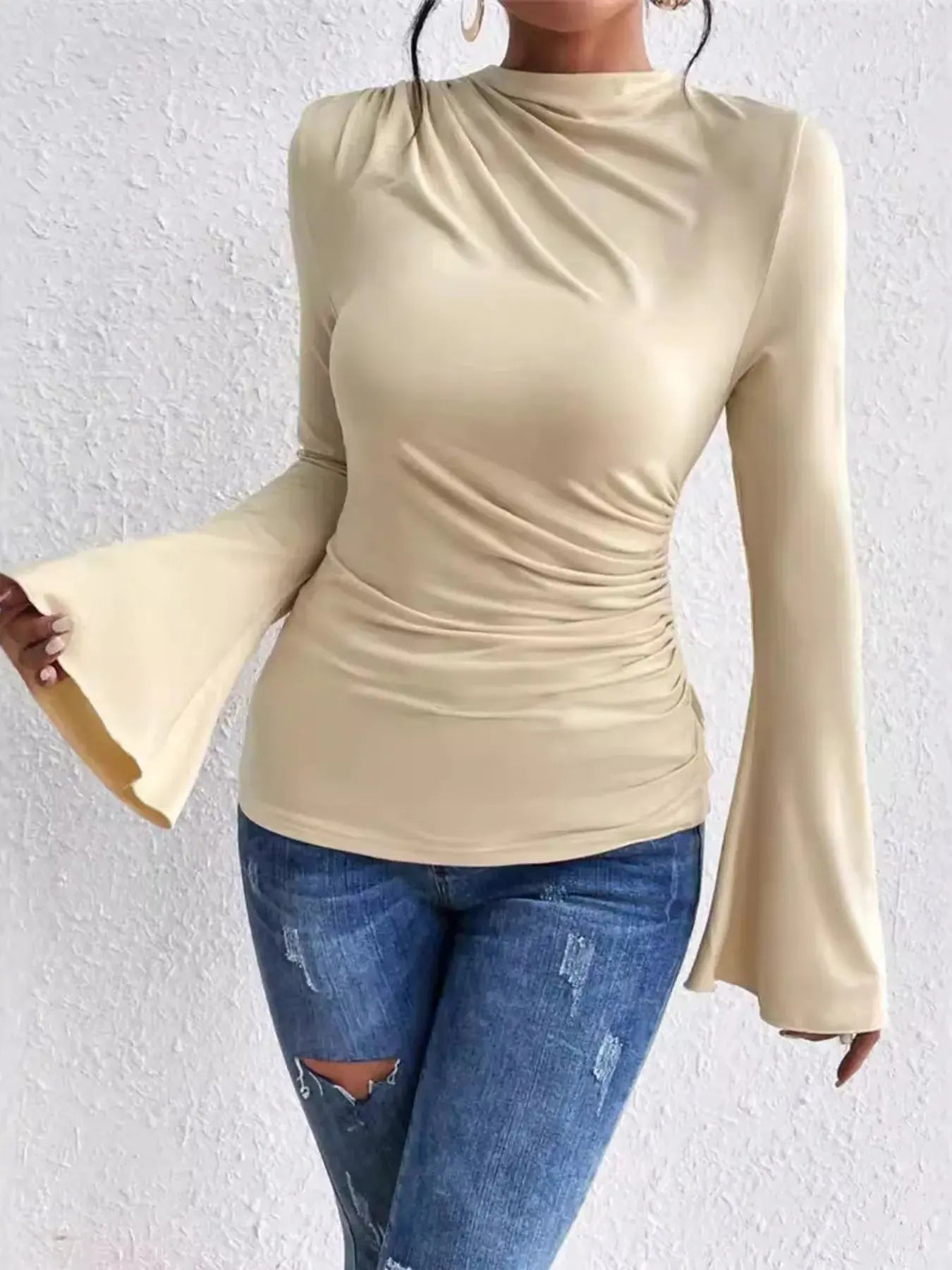 Bell Sleeve Ruched Fitted T-Shirt with Mock Neck - Plush Fashion Hub