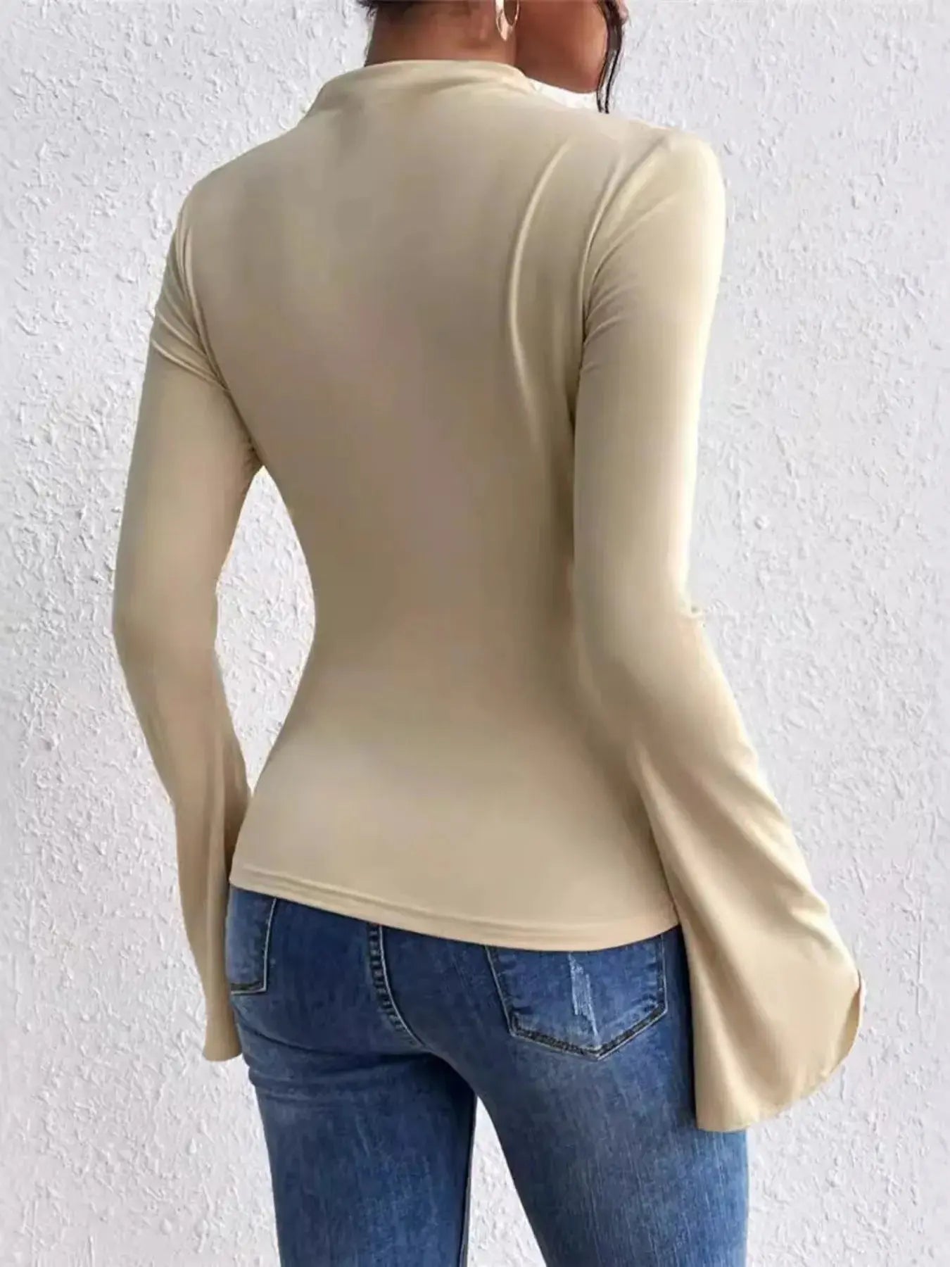 Bell Sleeve Ruched Fitted T-Shirt with Mock Neck - Plush Fashion Hub