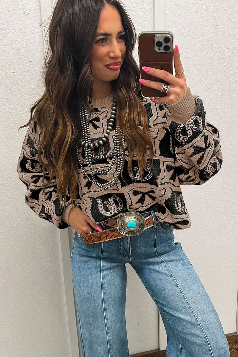 Black Colorblock Bow Pattern Drop Sleeve Relaxed Sweater Gilded Glamour Shop