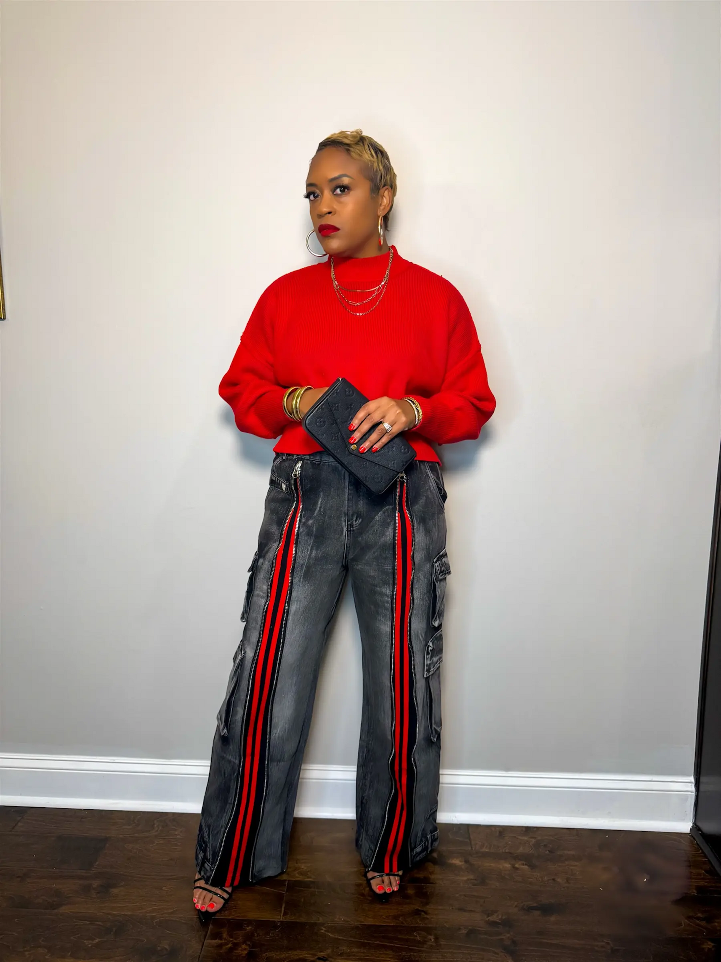 Black & Red Retro Front-Zip Baggy Denim Jeans Plush Fashion Hub