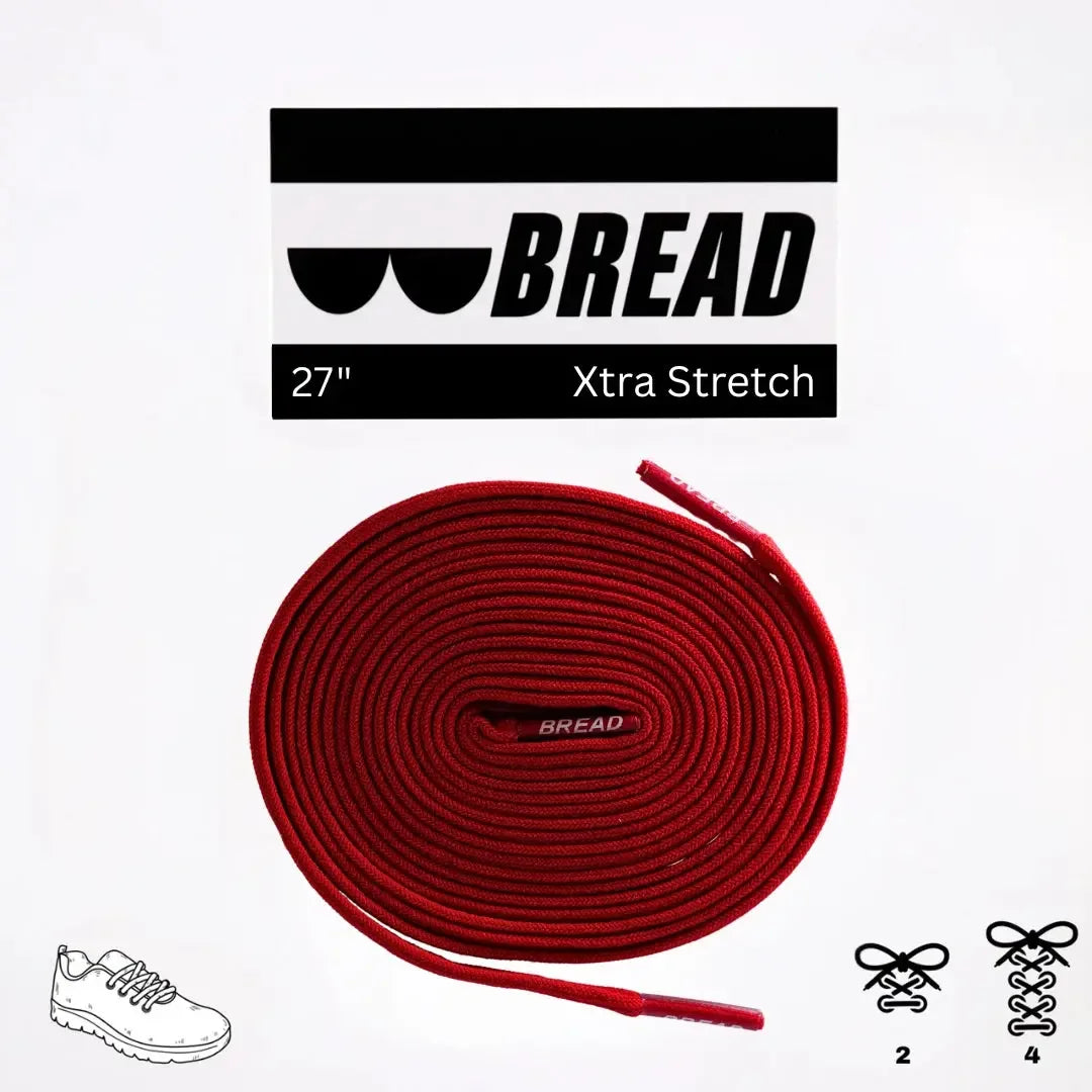 Red elastic shoelace by Bread, showing close-up of flexible, vibrant red material with metal aglets for easy lacing.