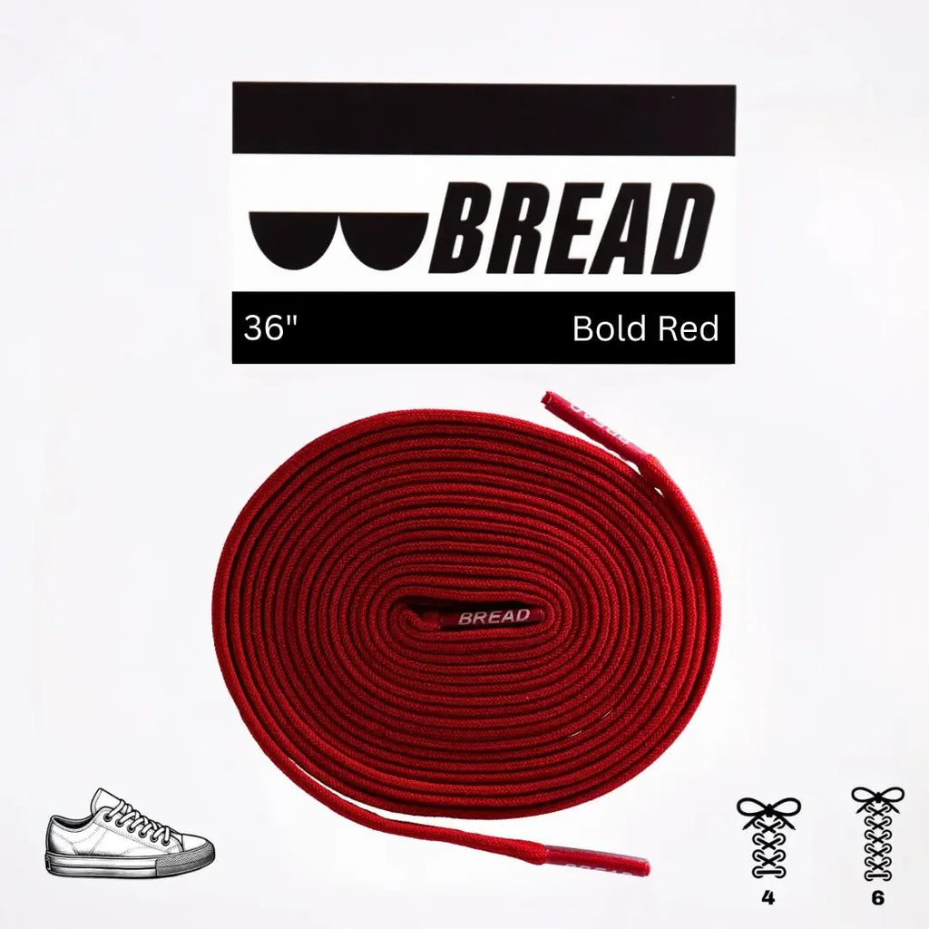 Elastic shoelace in bold red color by Bread, shown laced through a pair of shoes for a vibrant, secure fit.