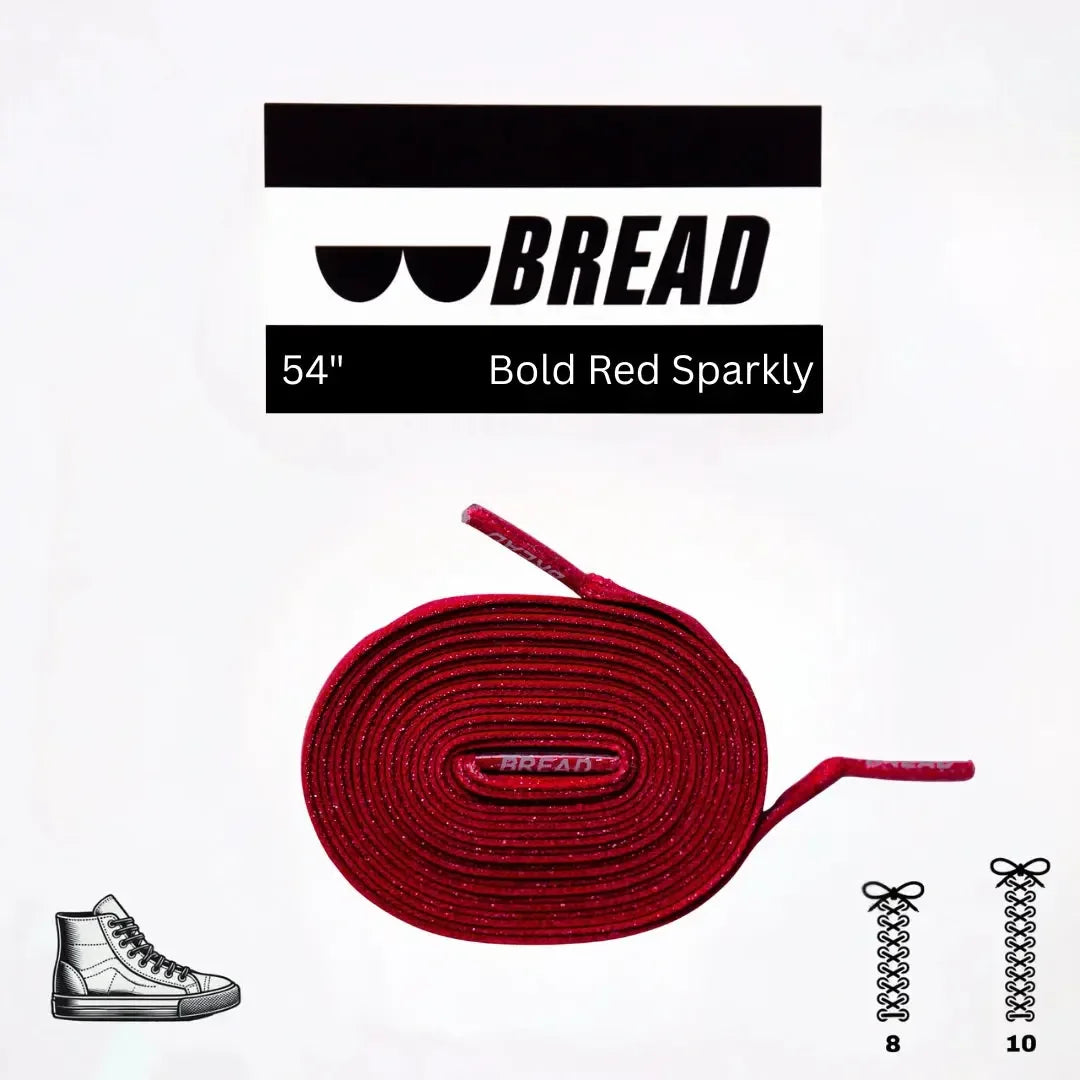 Elastic shoelace in bold red color by Bread, showing a close-up of the vibrant, flexible laces threaded through shoe eyelets.