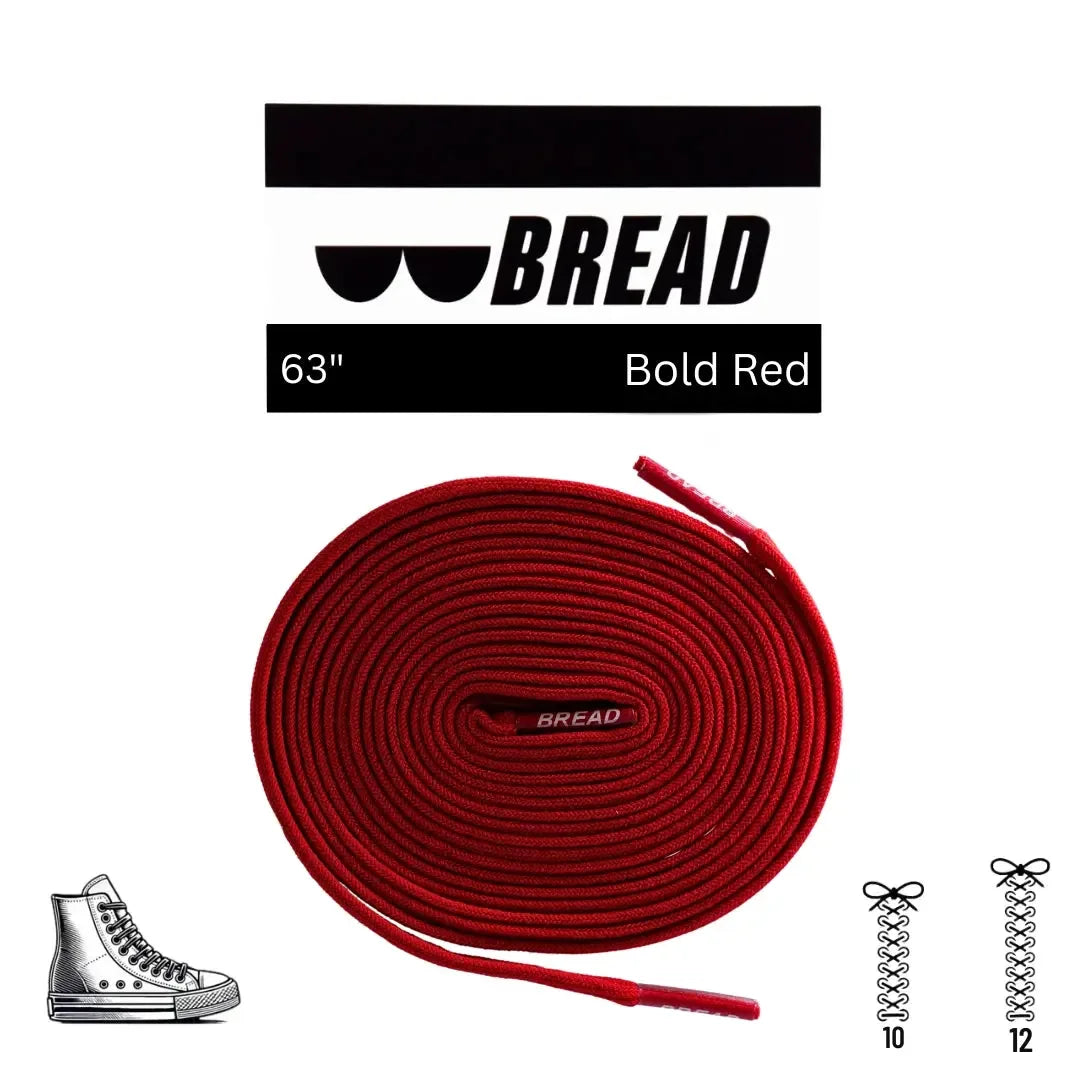 Red elastic shoelace by Bread featuring a bold color and stretchy design, ideal for comfortable, secure footwear.