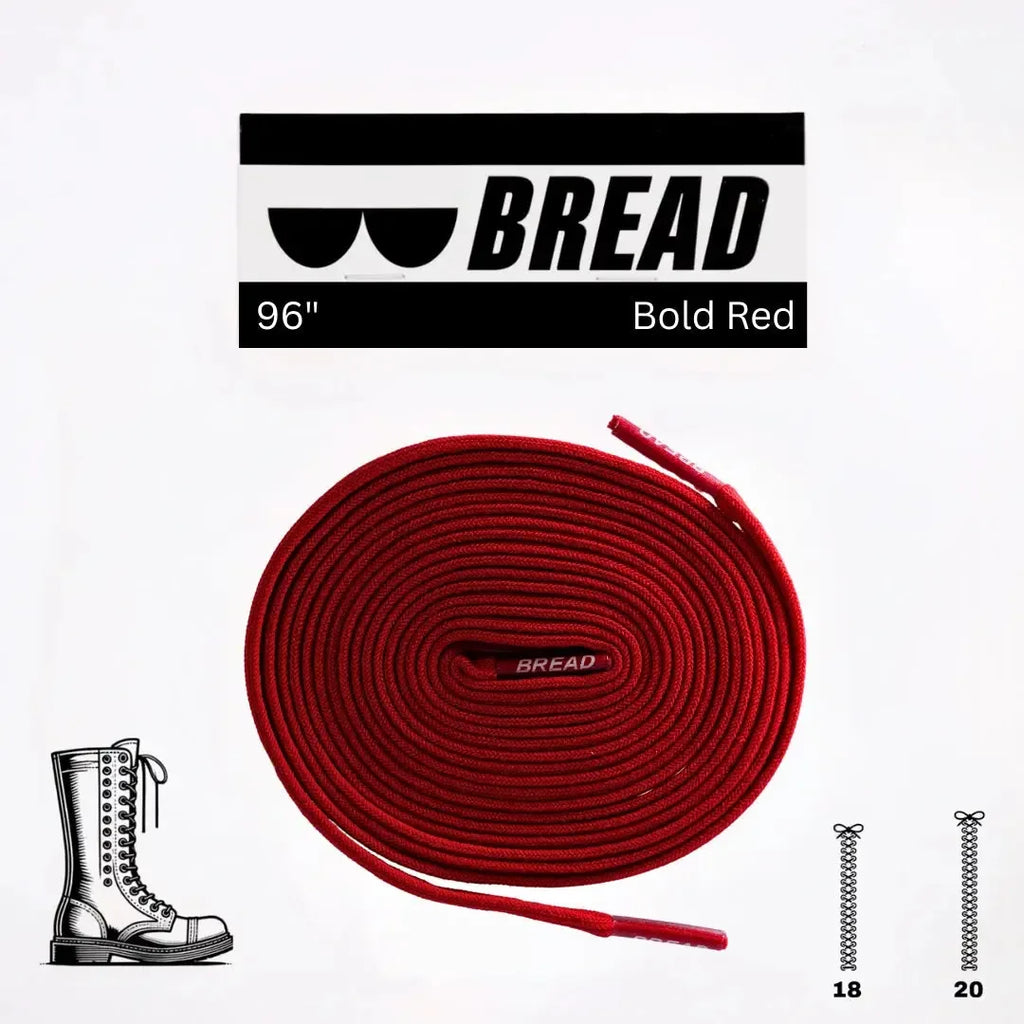 Elastic shoelace in bold red color from Bread, shown with the laces neatly threaded through shoes for a snug fit.