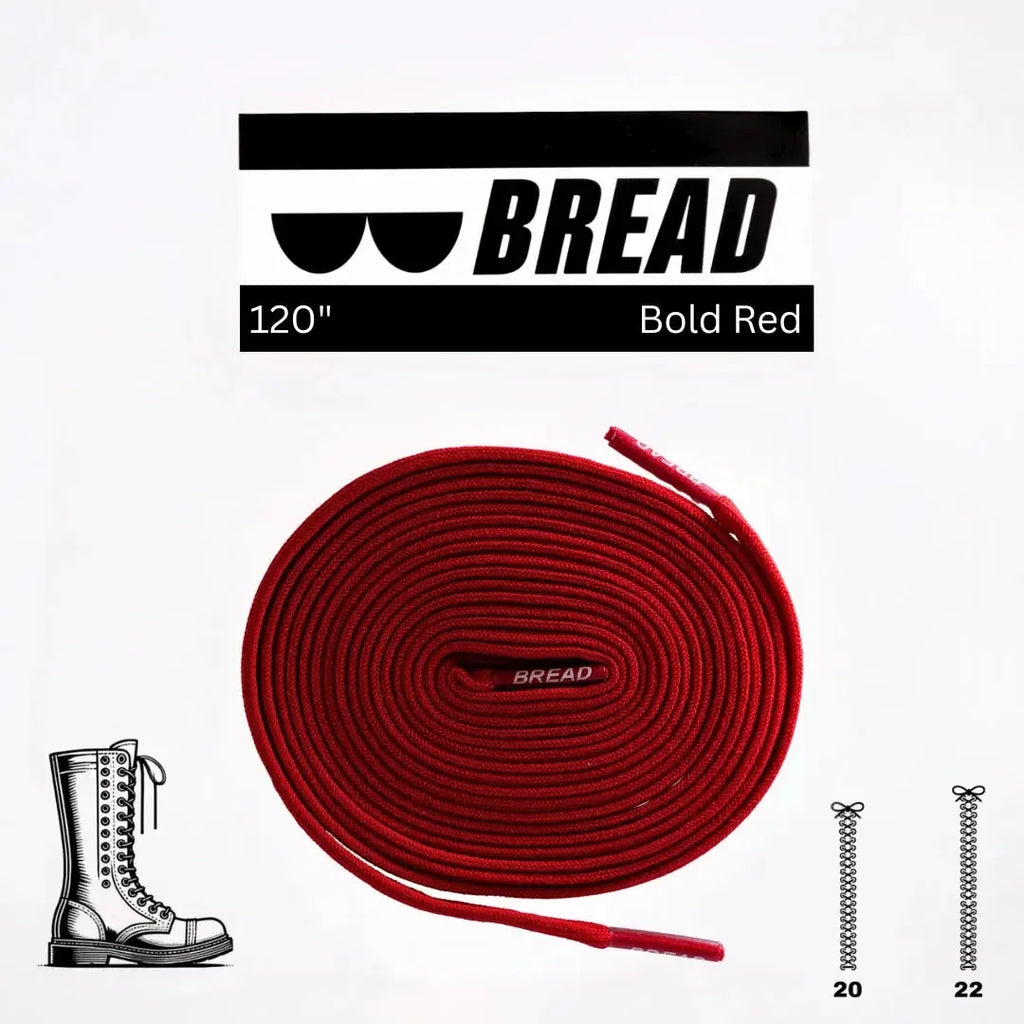 Red elastic shoelace by Bread, showing a close-up of the vibrant, flexible laces designed for easy wearing and secure fit.