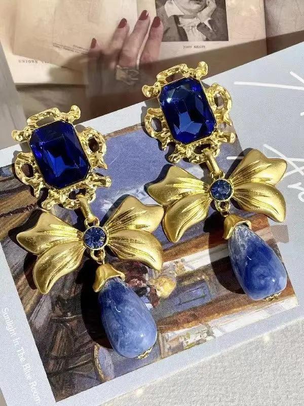 Bow Knot Rhinestone Handmade Blue Glass Earrings Plush Fashion Hub