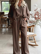 Trendsi braided V-neck long sleeve top with matching high-waist pants lounge set, cozy and stylish for casual wear.