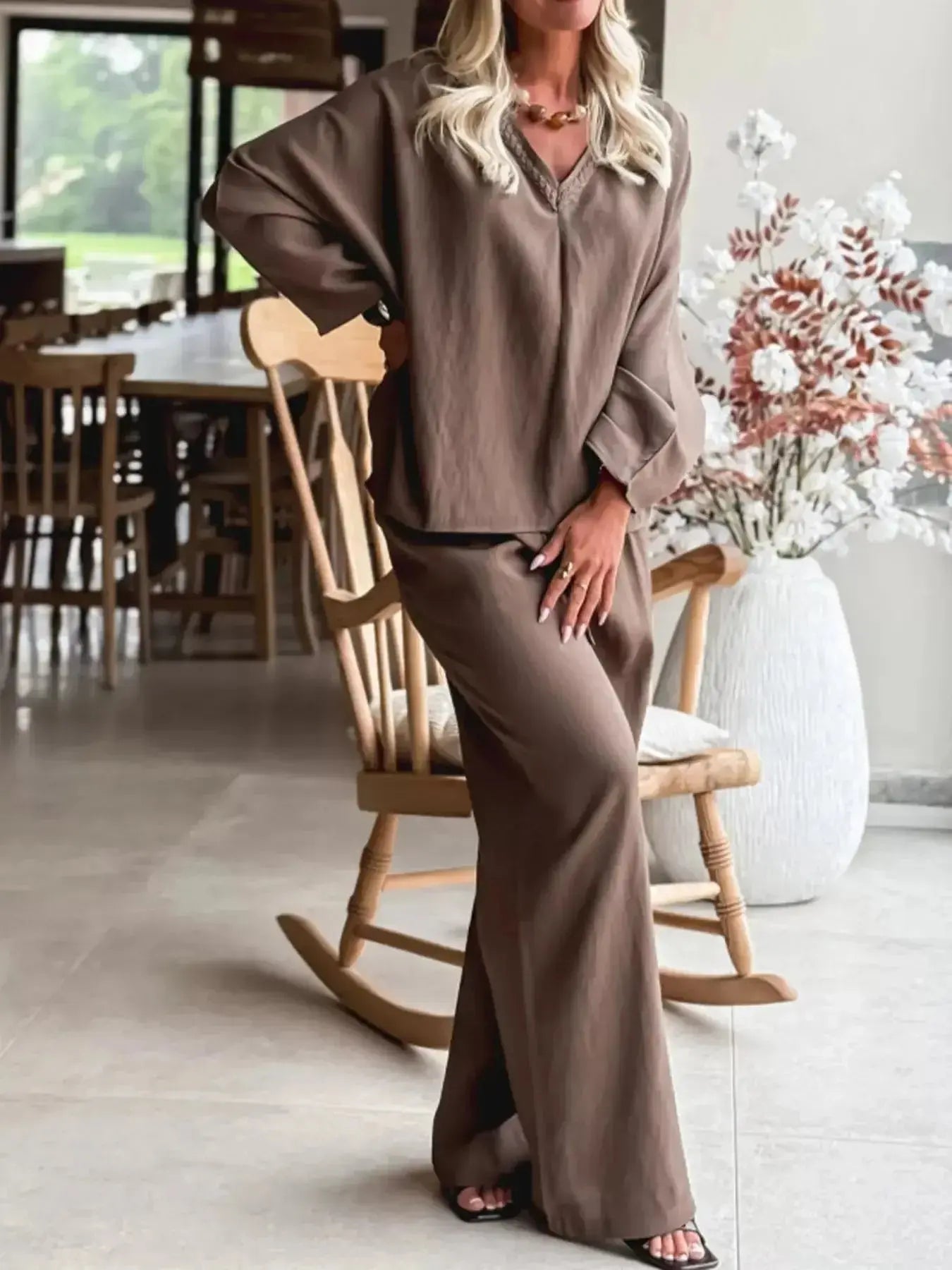 Trendsi braided V-neck long sleeve top with high-waist pants lounge set, stylish and comfortable matching outfit for casual wear.