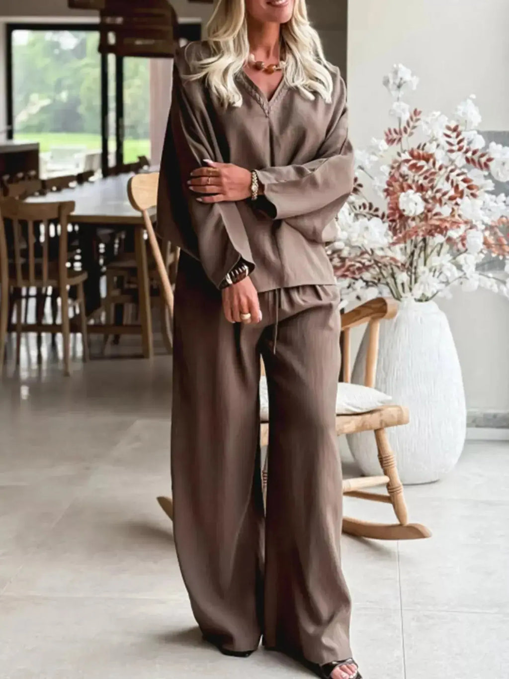 Trendsi braided V-neck long sleeve top and high-waist lounge pants set, soft and comfortable for casual wear.