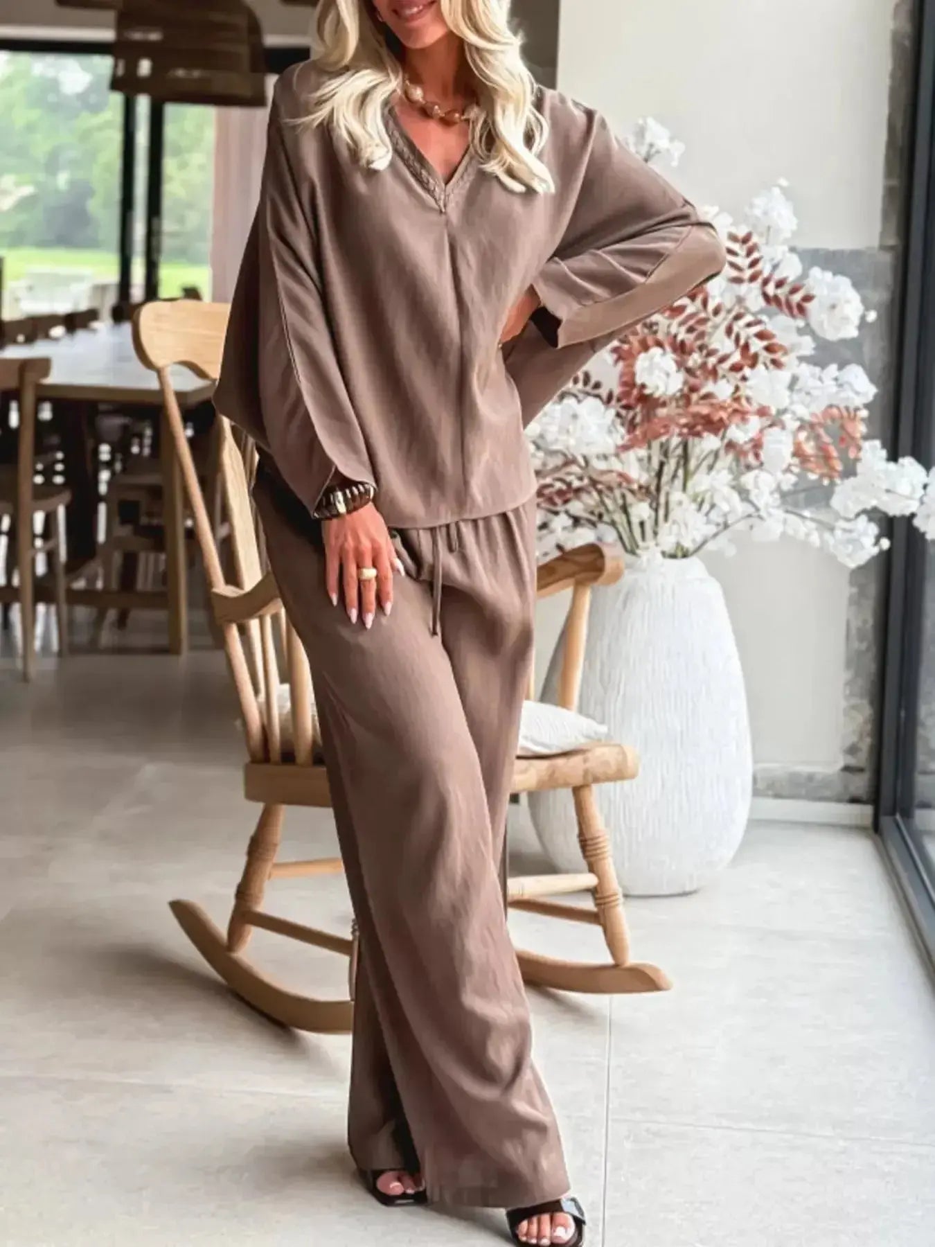 Trendsi braided V-neck long sleeve top and high-waist pants lounge set, stylish and comfortable matching outfit for casual wear.
