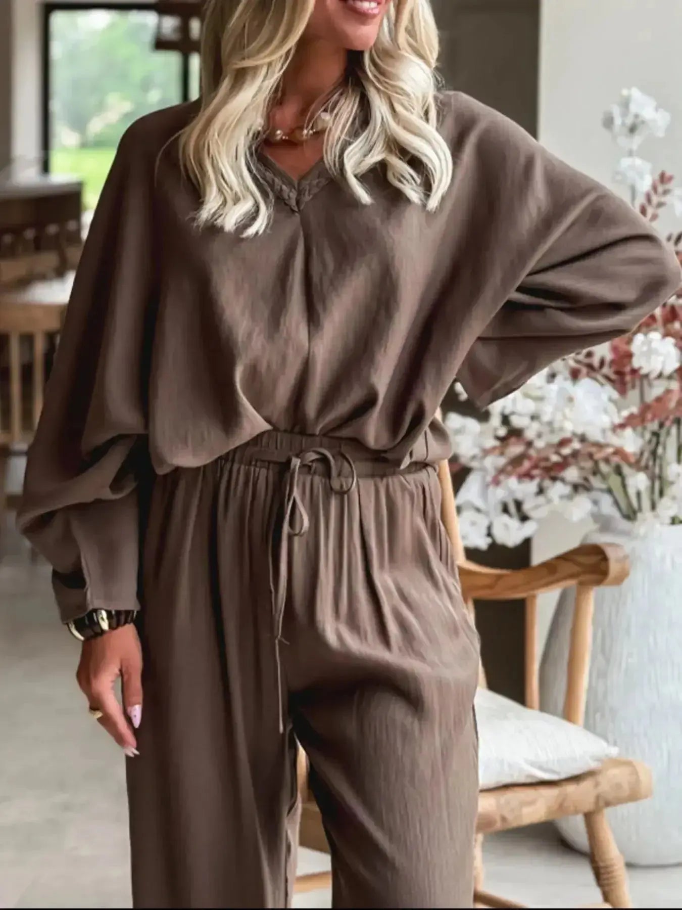 Trendsi braided V-neck long sleeve top and high-waist pants lounge set, comfortable casual outfit for relaxed wear.