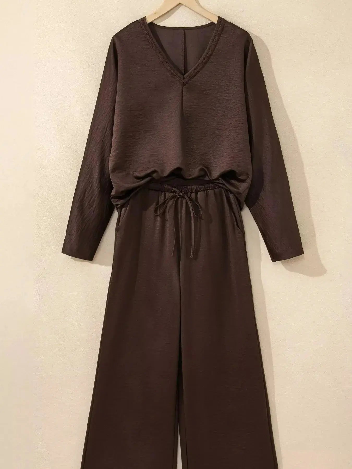 Trendsi braided V-neck long sleeve top and high-waist pants lounge set, soft fabric, stylish and comfortable for casual wear.