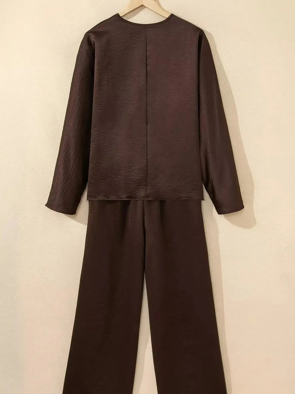 Trendsi braided V-neck long sleeve top and high-waist pants lounge set, comfortable casual wear, stylish and relaxed fit.