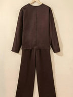 Trendsi braided V-neck long sleeve top and high-waist pants lounge set, comfortable casual wear, stylish and relaxed fit.