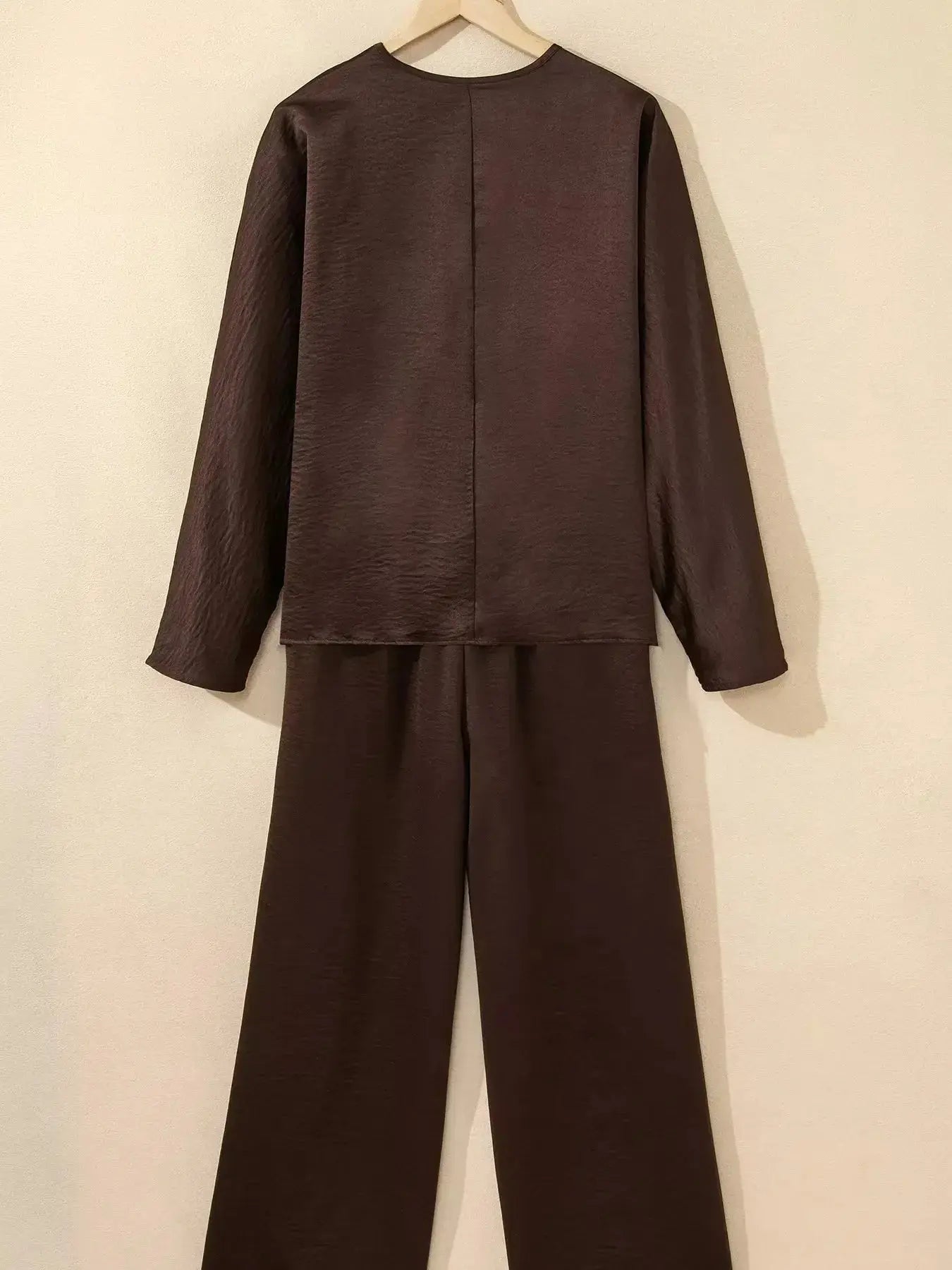 Trendsi braided V-neck long sleeve top and high-waist pants lounge set, comfortable casual wear, stylish and relaxed fit.
