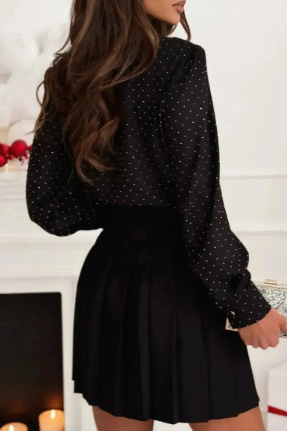 Women’s rhinestone button-down long sleeve shirt with sparkling embellishments, elegant blouse by Plush Fashion Hub.