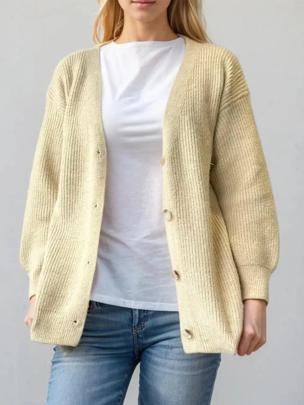 Button Down V-Neck Long Sleeve Cardigan - Plush Fashion Hub