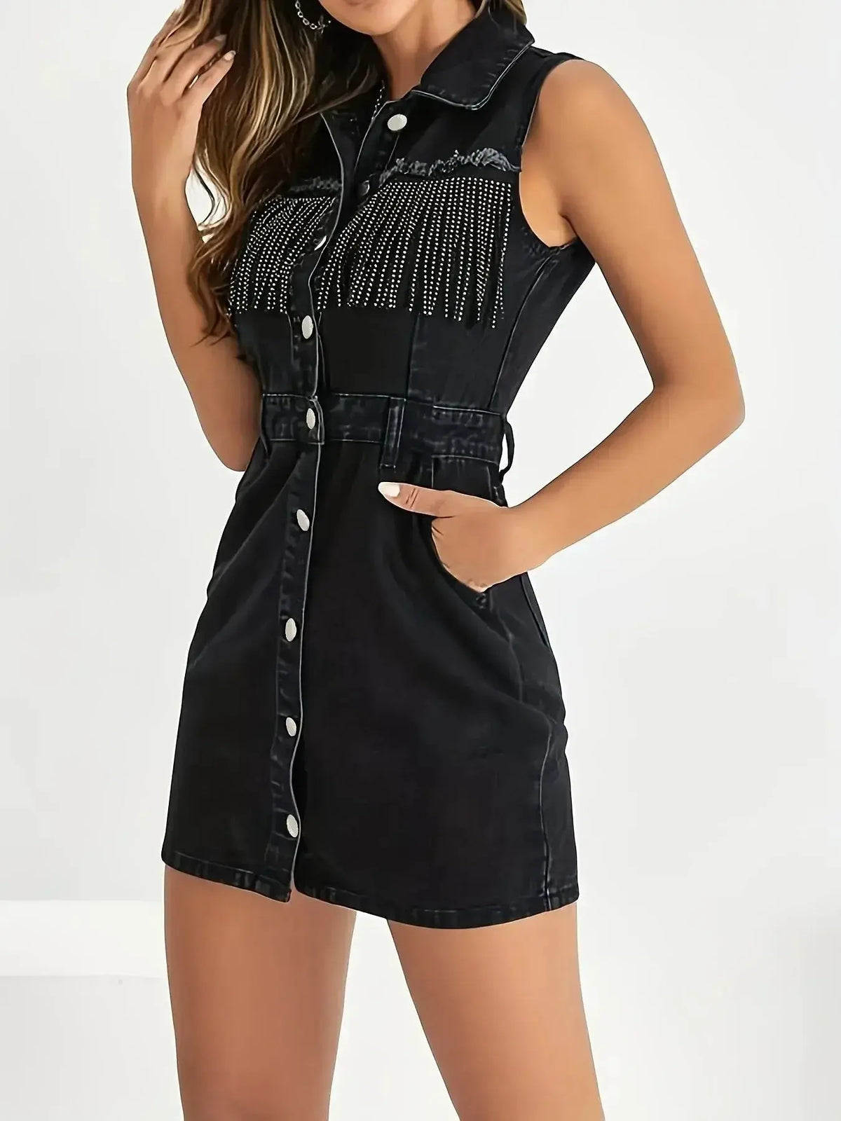 Plush Fashion Hub denim mini dress with button-front closure and fringe detail, perfect for casual summer looks.