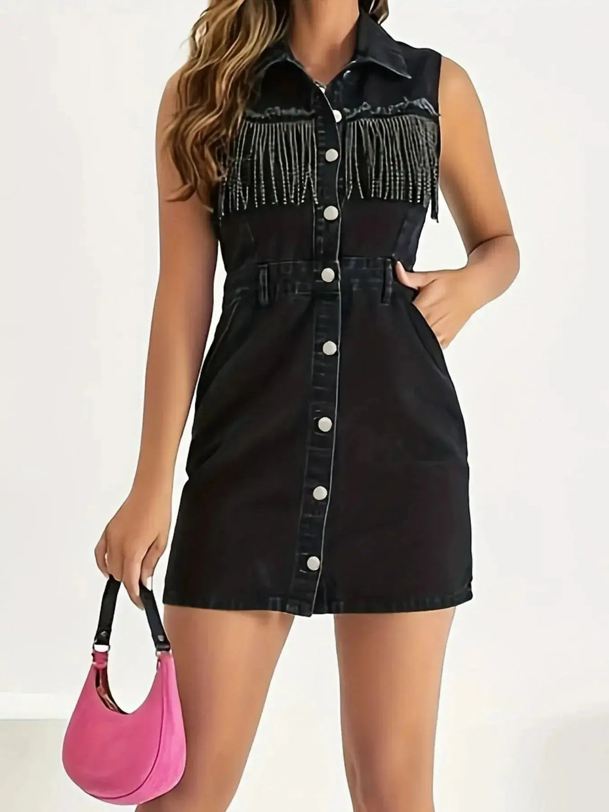 Plush Fashion Hub denim mini dress with button-front closure and fringe detail, stylish casual outfit for warm weather.