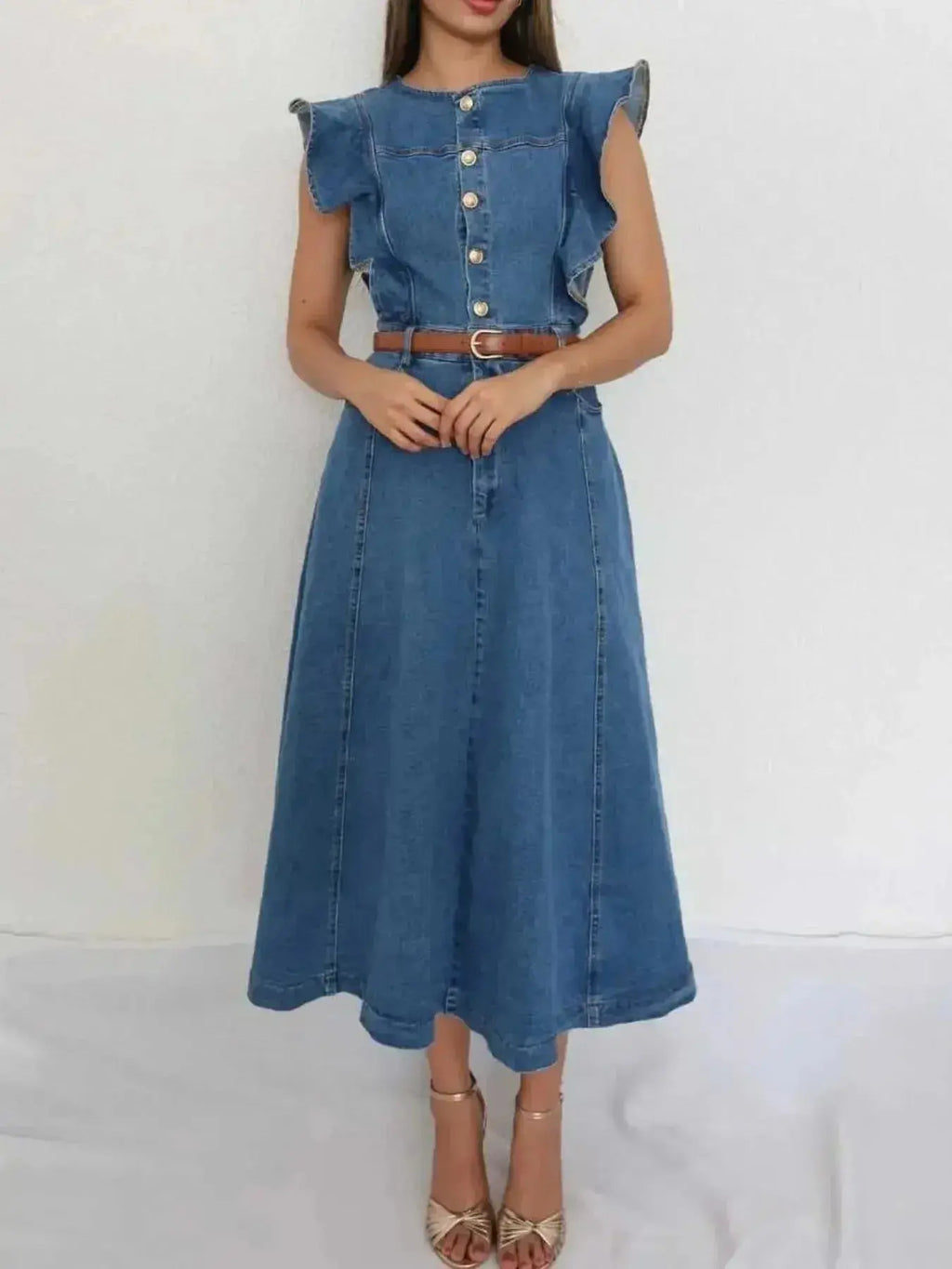 Denim midi dress with button front, ruffle sleeves, and tie belt from Trendsi, shown on a model.