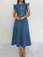 Denim midi dress with button front, ruffle sleeves, and tie belt from Trendsi, shown on a model.