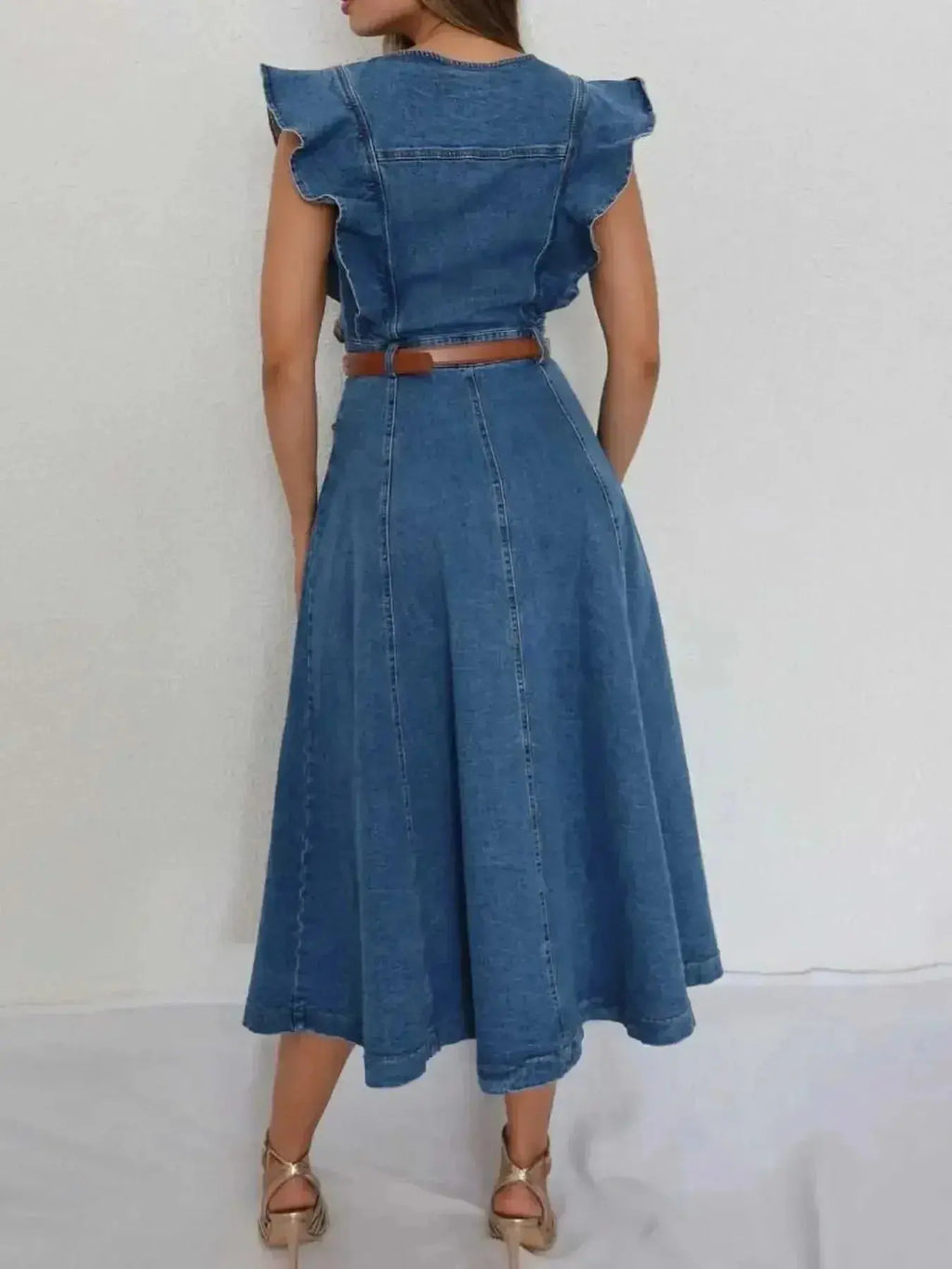 Denim midi dress with button-front, ruffle sleeves, and tie belt from Trendsi, styled with a casual, feminine look.