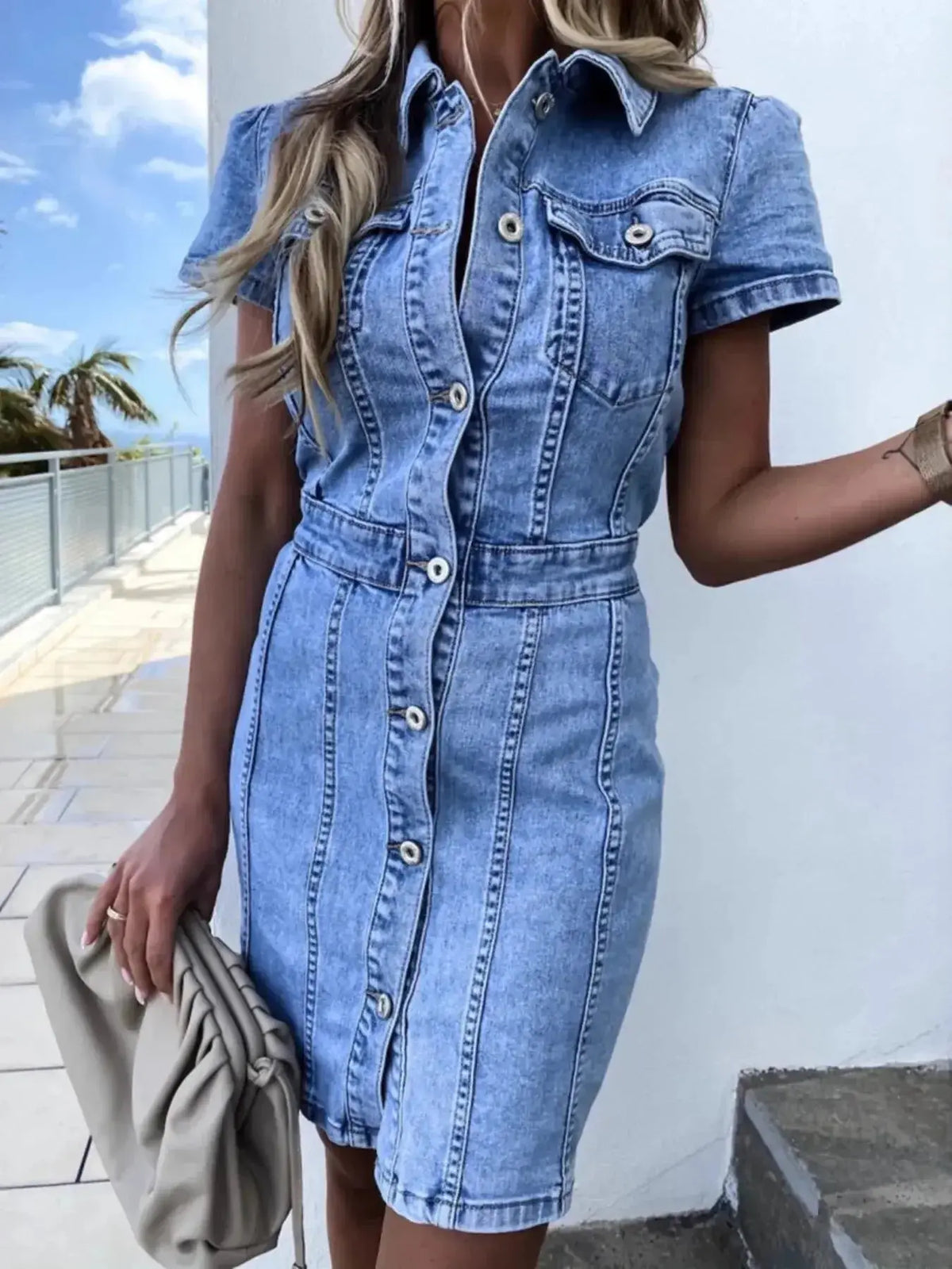 Plush Fashion Hub denim midi dress with short sleeves, button-front, soft stretch fabric, casual style for everyday wear.