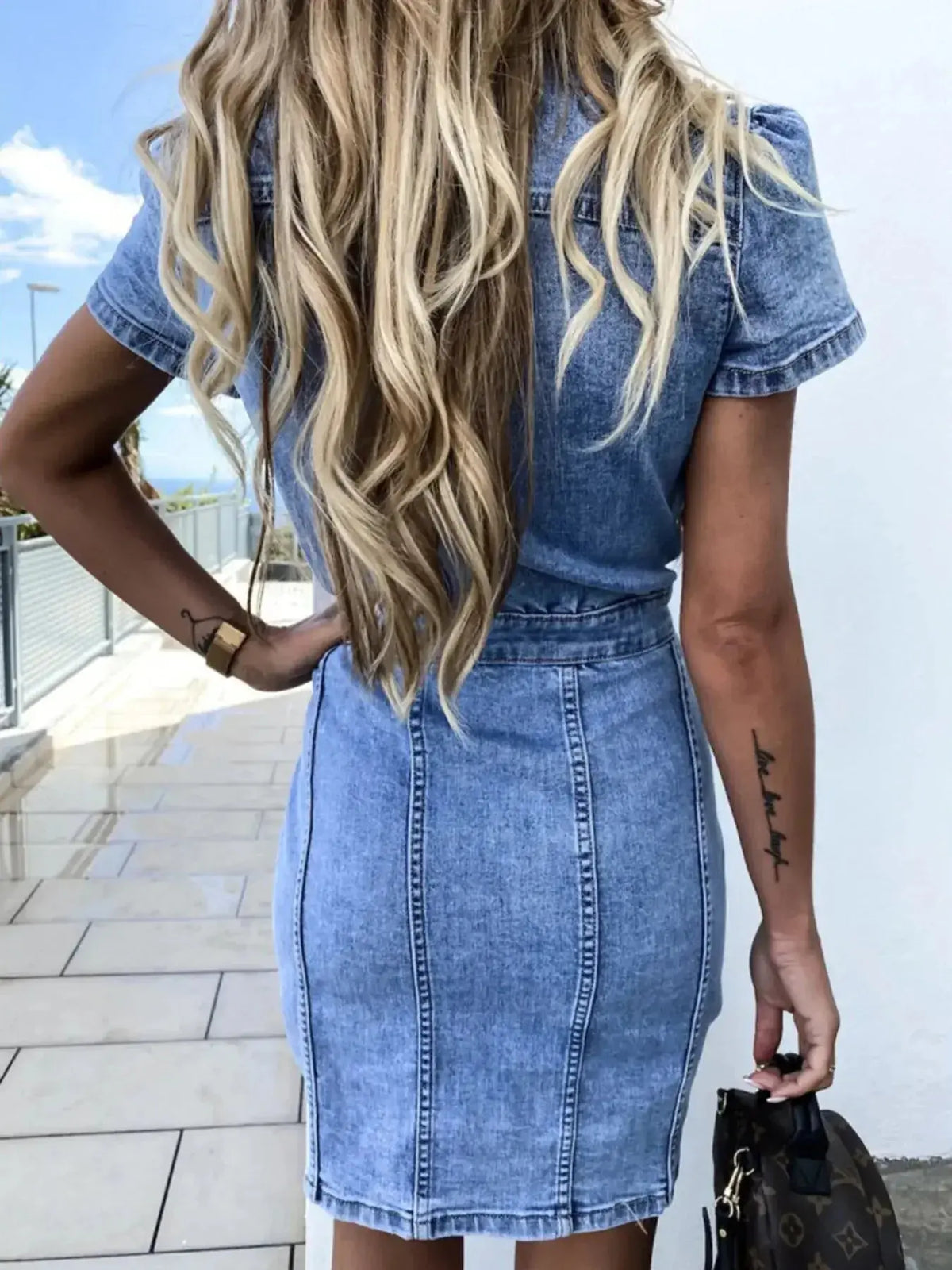 Plush Fashion Hub button-front short sleeve denim midi dress featuring soft stretch fabric for casual wear.