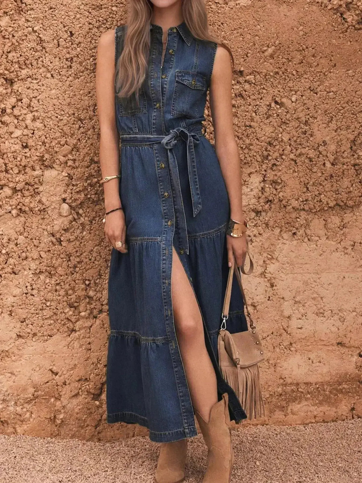 Plush Fashion Hub sleeveless denim dress with button front, tiered design, and belt, perfect for casual summer outfits.