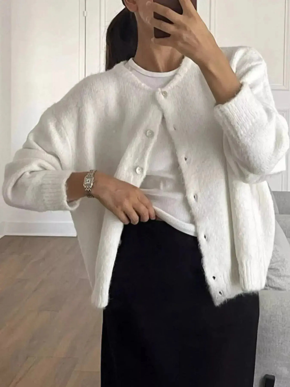 Soft knit long sleeve cardigan by Plush Fashion Hub with button-up front, perfect for layering and casual wear.