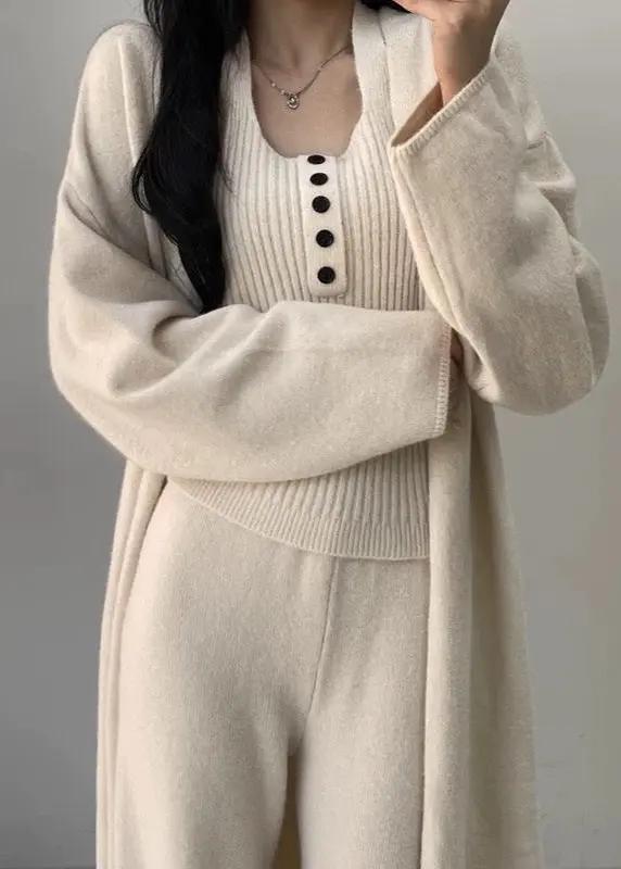 Buttons Casual Knitted Long Cardigan&Camisole&Pants 3 Pieces Suit Plush Fashion Hub