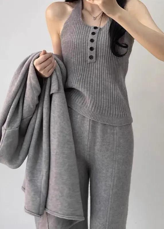 Buttons Casual Knitted Long Cardigan&Camisole&Pants 3 Pieces Suit Plush Fashion Hub