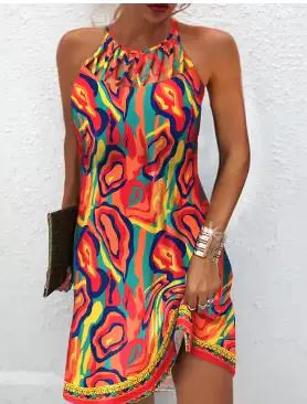 Women's printed sleeveless hollow dress by Trendy Attic Store01 featuring a stylish design and lightweight fabric.