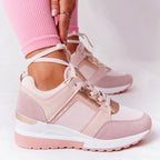 City Chic pink mesh and faux suede platform sneakers with metallic rose gold accents and lace-up ankle detailing.