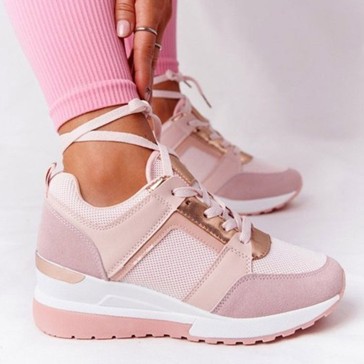 City Chic pink mesh and faux suede platform sneakers with metallic rose gold accents and lace-up ankle detailing.