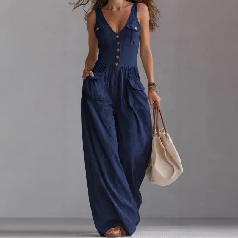 V-Neck Button-Front Vest Jumpsuit